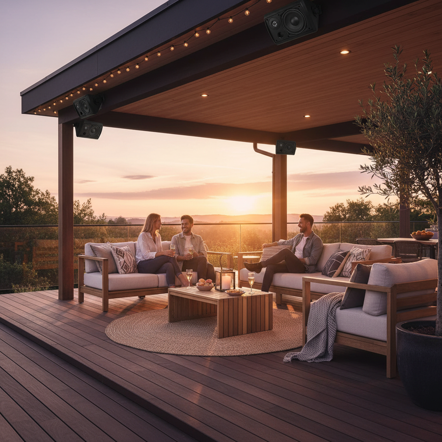 Herdio weatherproof speakers in outdoor living space - perfect for backyard entertainment