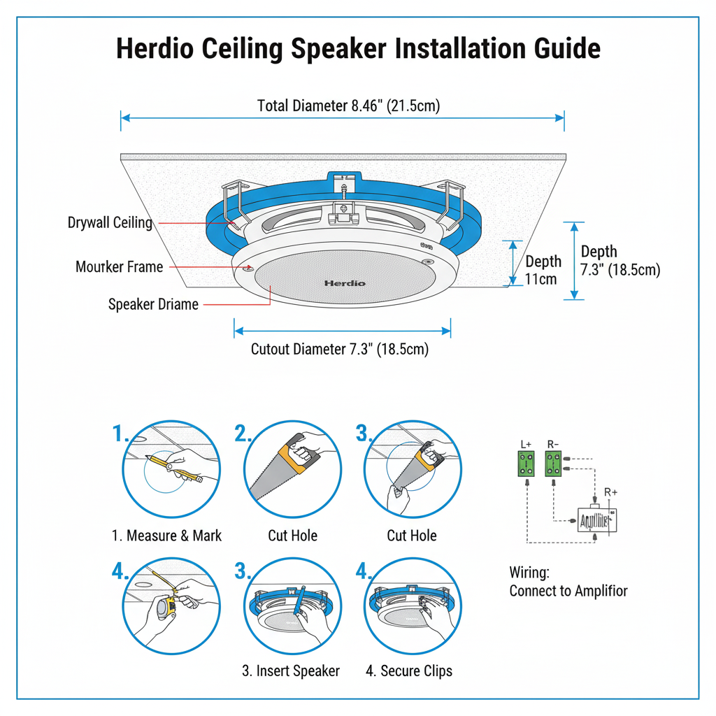 Herdio ceiling speakers installation guide diagram easy mounting process home audio setup instructions