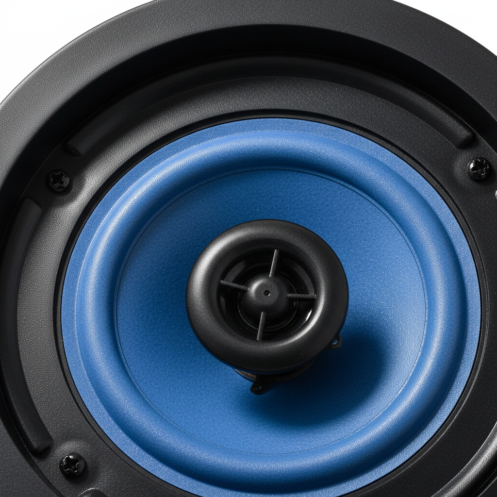 Ceiling speaker components close-up: polypropylene woofer cone, fluid-cooled dome tweeter, and magnetic grille detail