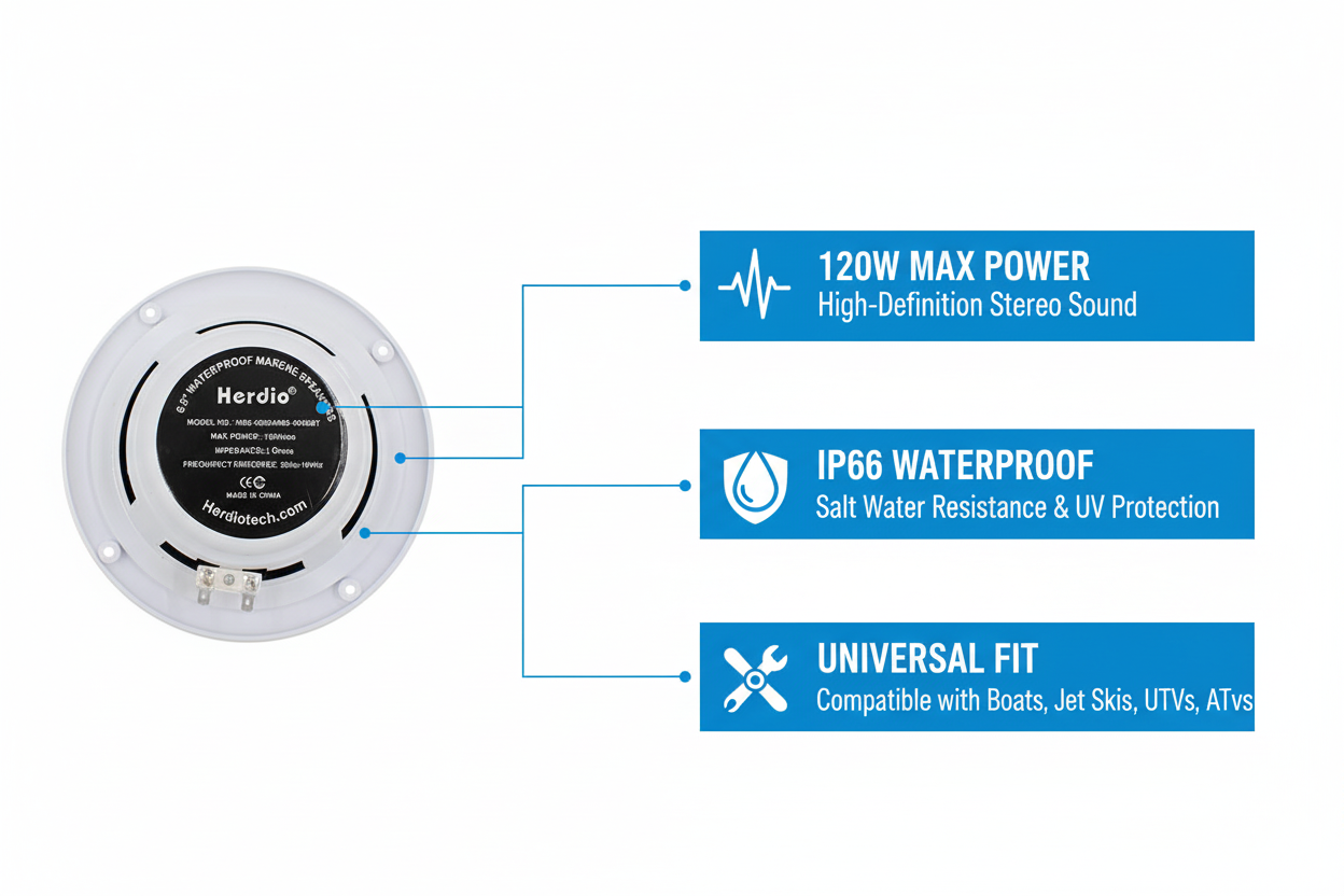 Herdio marine speakers key features - waterproof IP66 rated 120W power UV resistant