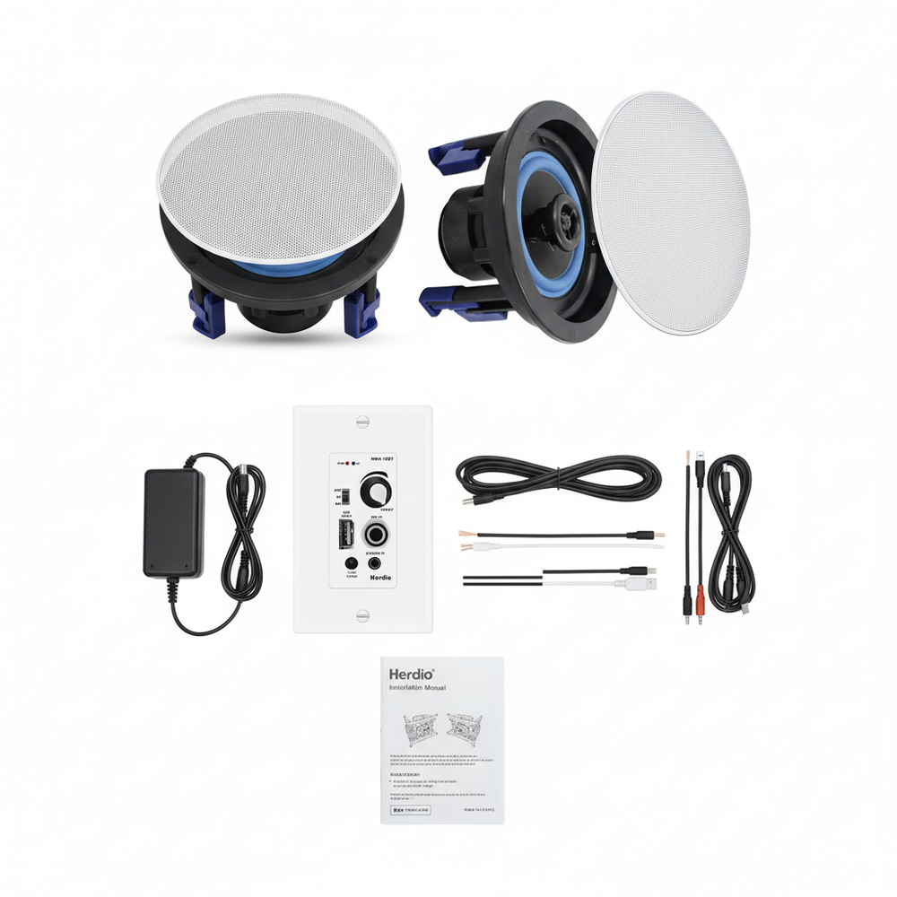 Herdio ceiling speaker package contents - speakers, mounting hardware, and installation accessories
