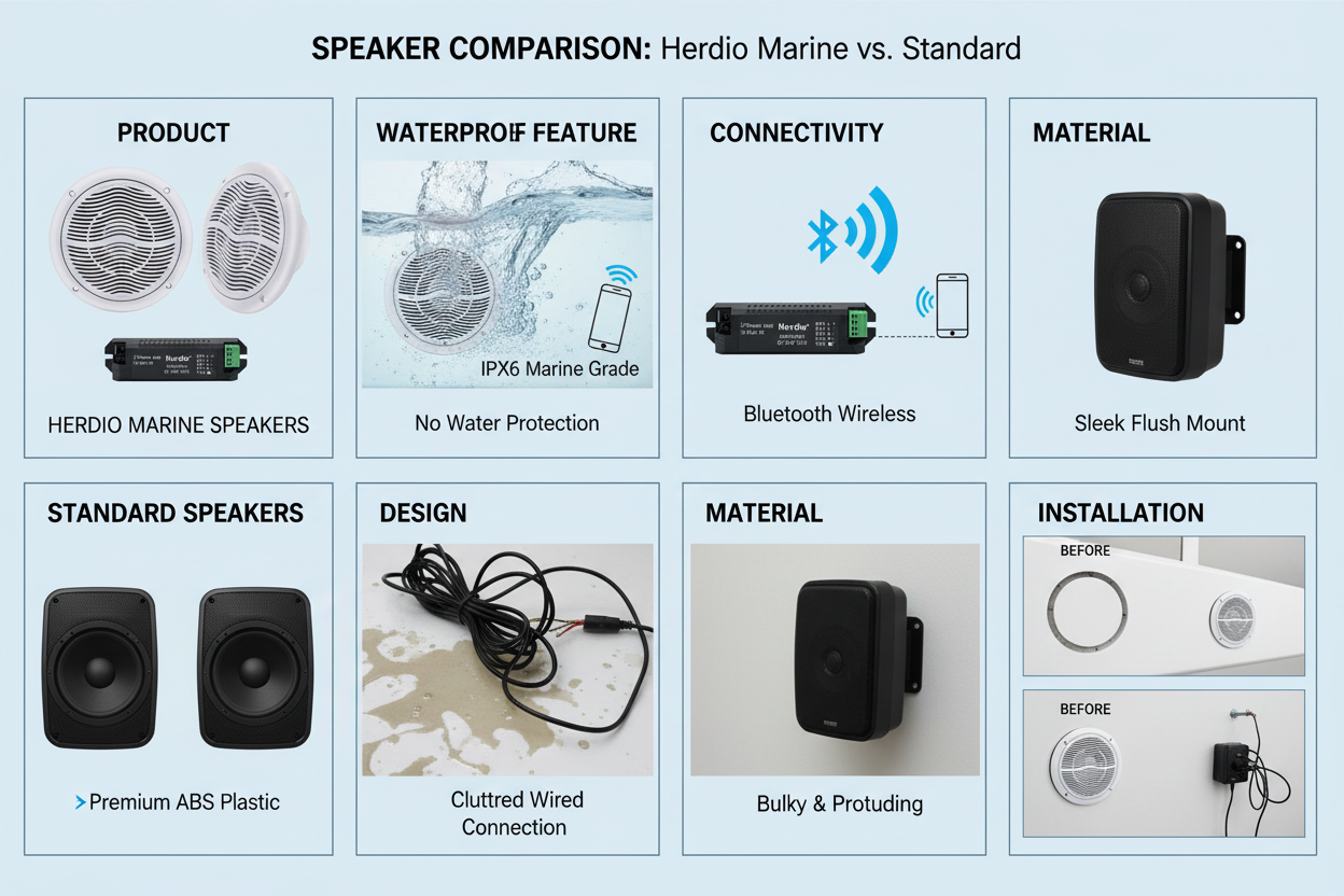 Marine speaker comparison chart - Herdio waterproof Bluetooth ceiling speakers features
