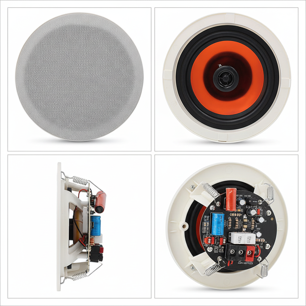 Multiple angle view of Herdio 6.5 inch ceiling speaker showing premium build quality