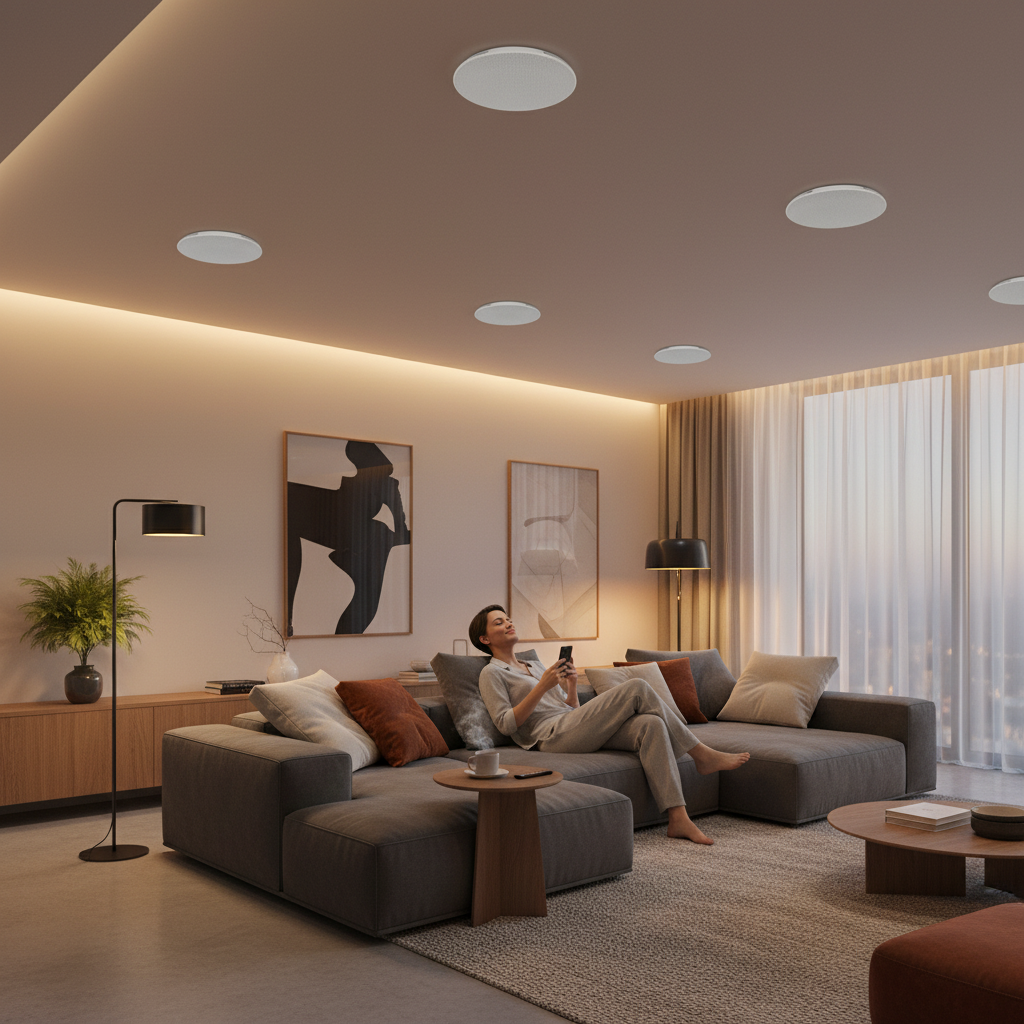 Herdio ceiling speakers installed in modern living room with elegant interior design