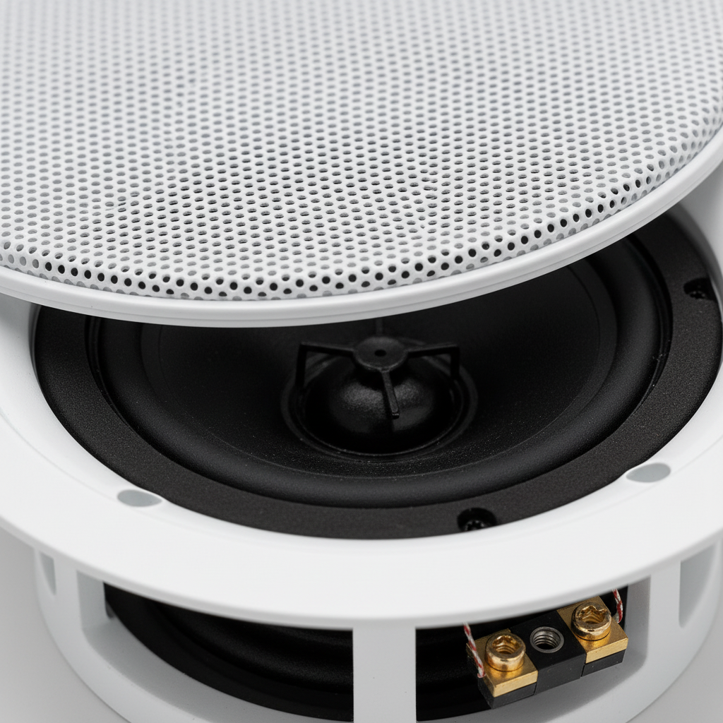 Close-up detail of Herdio 5.25 inch ceiling speaker premium driver and components