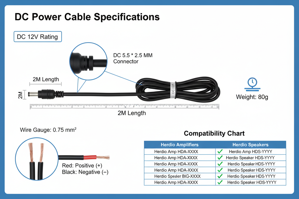 Technical specifications - DC 12V power cable 0.75mm² wire gauge 2 meter length