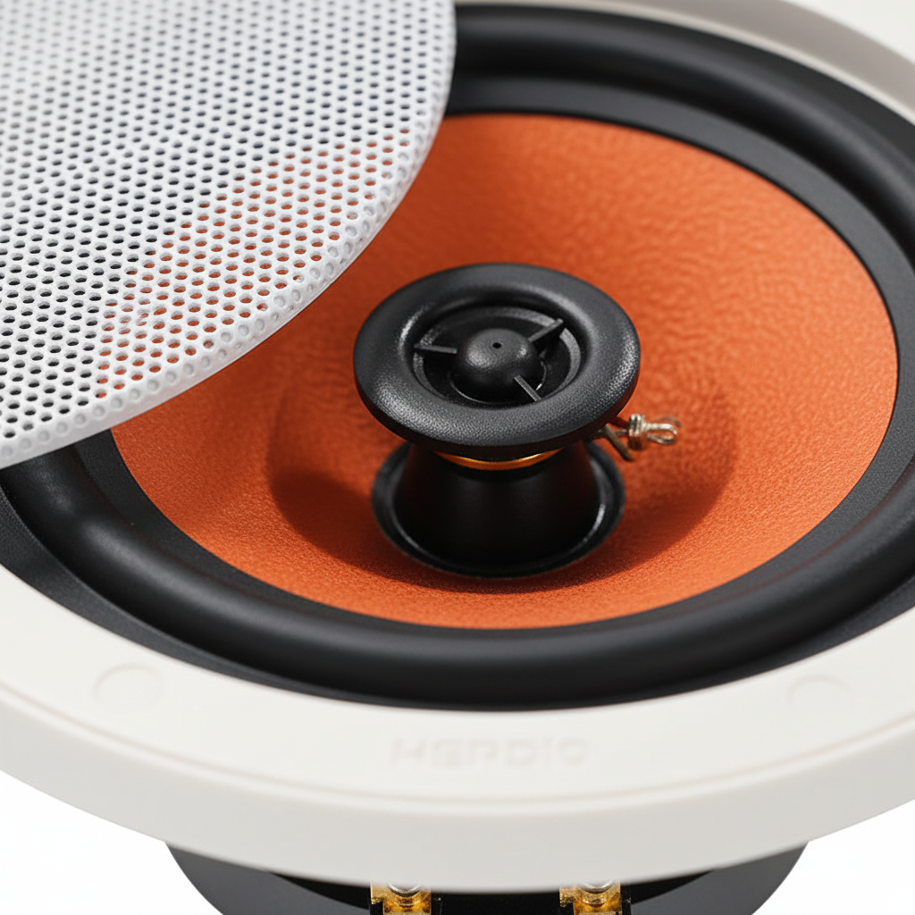 Close-up detail of Herdio ceiling speaker grille and mounting mechanism