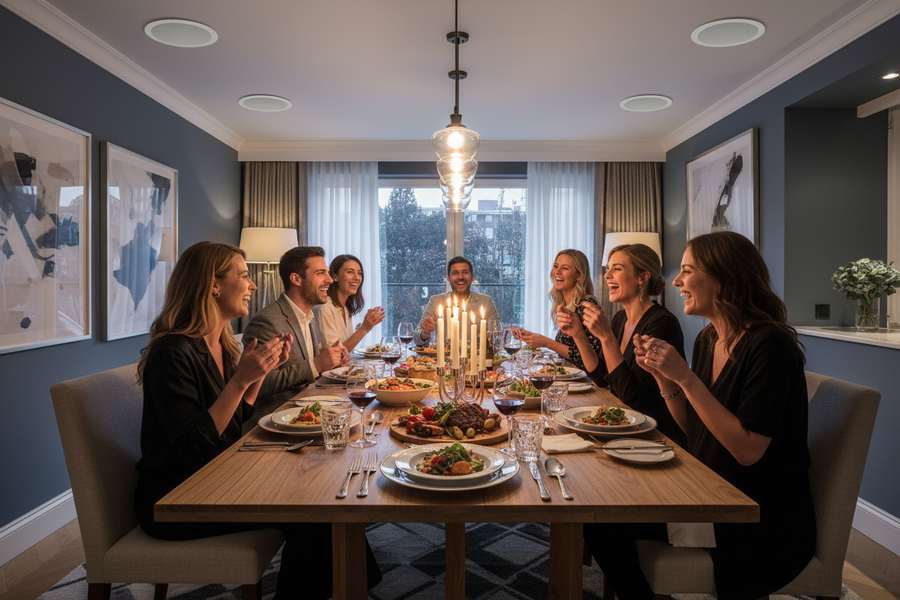 Premium ceiling speakers installed in modern dining room with elegant interior design