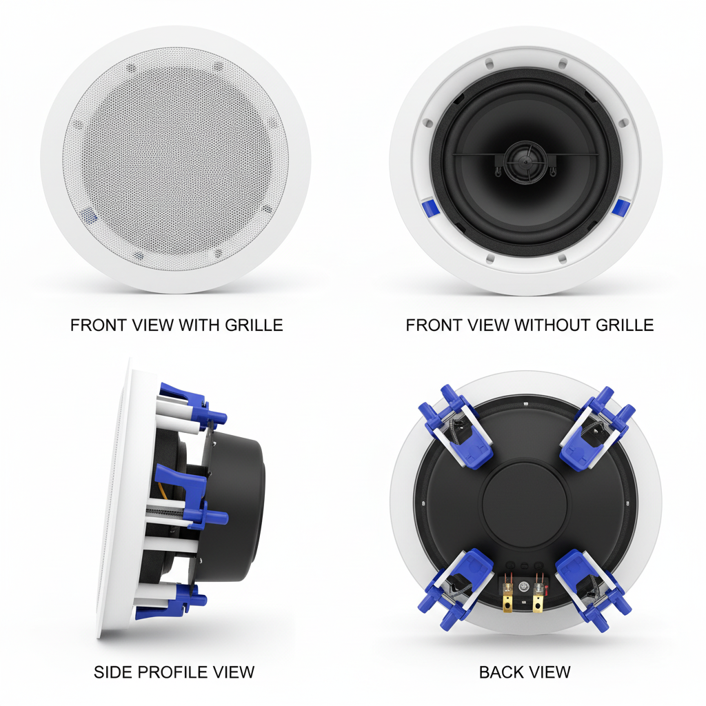 Herdio in-ceiling speaker multiple angles - 360-degree view of flush-mount design and installation components