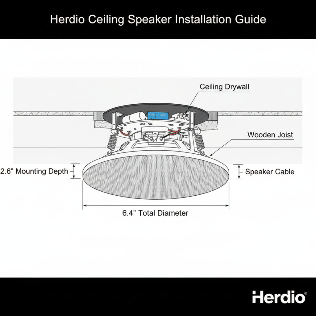 Installation dimensions and cutout size diagram for Herdio 6.5 inch ceiling speakers