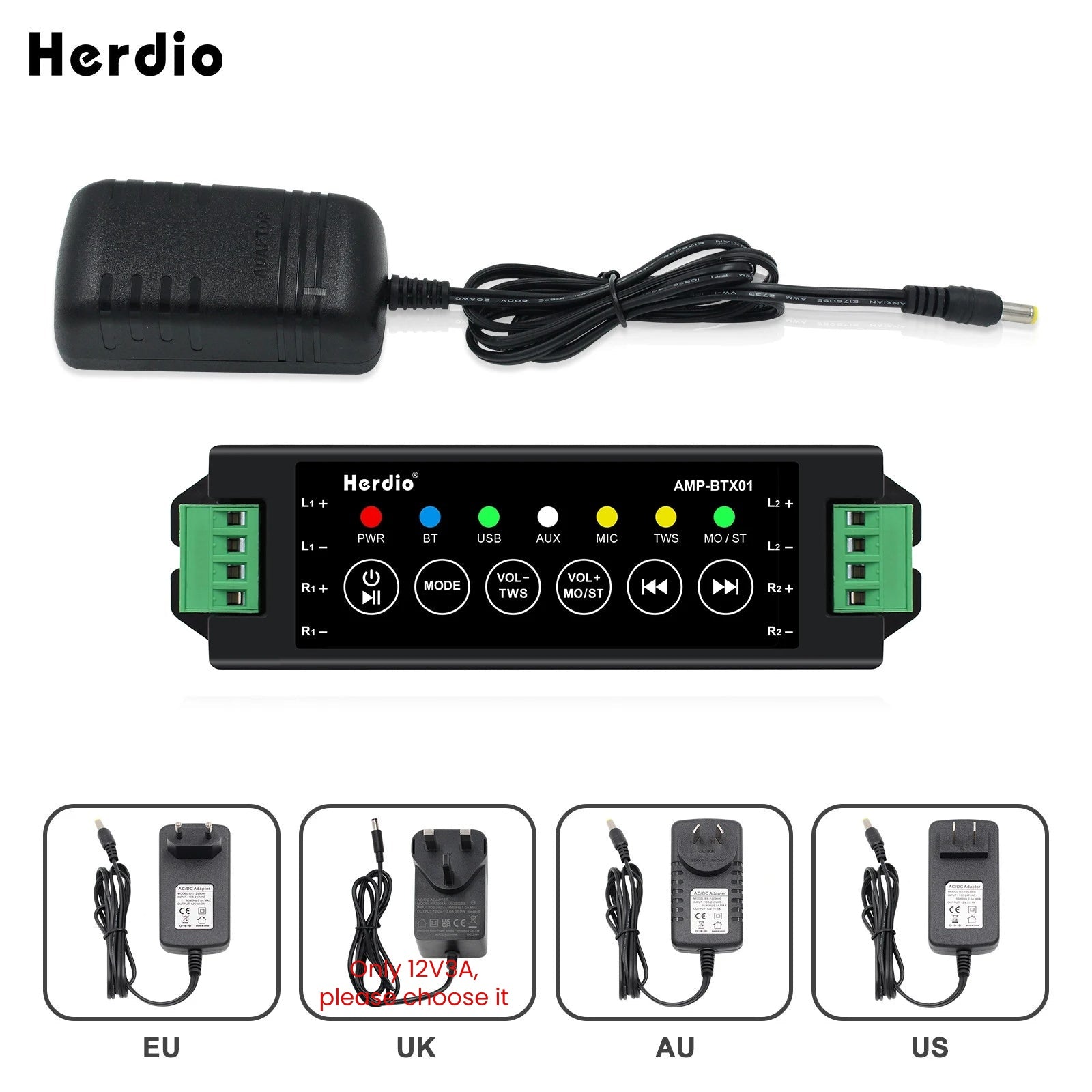 Herdio 4-Channel Amplifier Bluetooth 5.0 Amp Receiver 200W Power