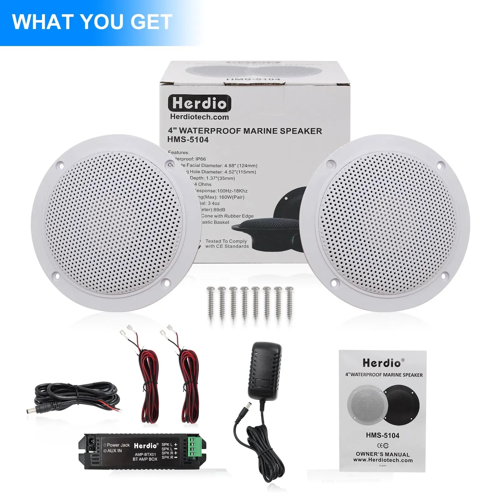 Herdio 4" Bluetooth Marine Speakers 160 Watts 2-Way Waterproof Audio for Vehicles and Boats