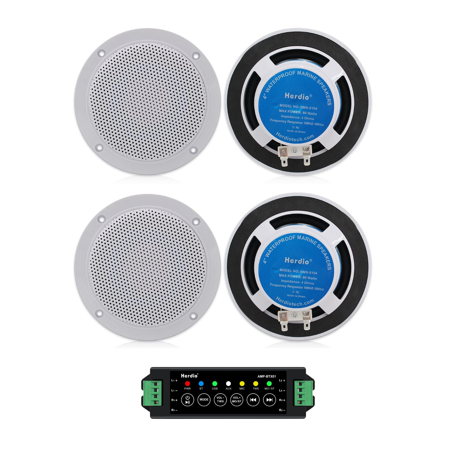 Herdio 4" Marine Bluetooth Speakers 320 Watts Waterproof Audio for Outdoor Use