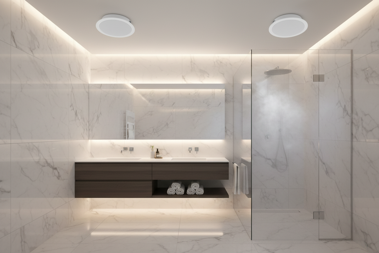 Herdio moisture-resistant ceiling speakers in bathroom - waterproof audio solution for wet environments