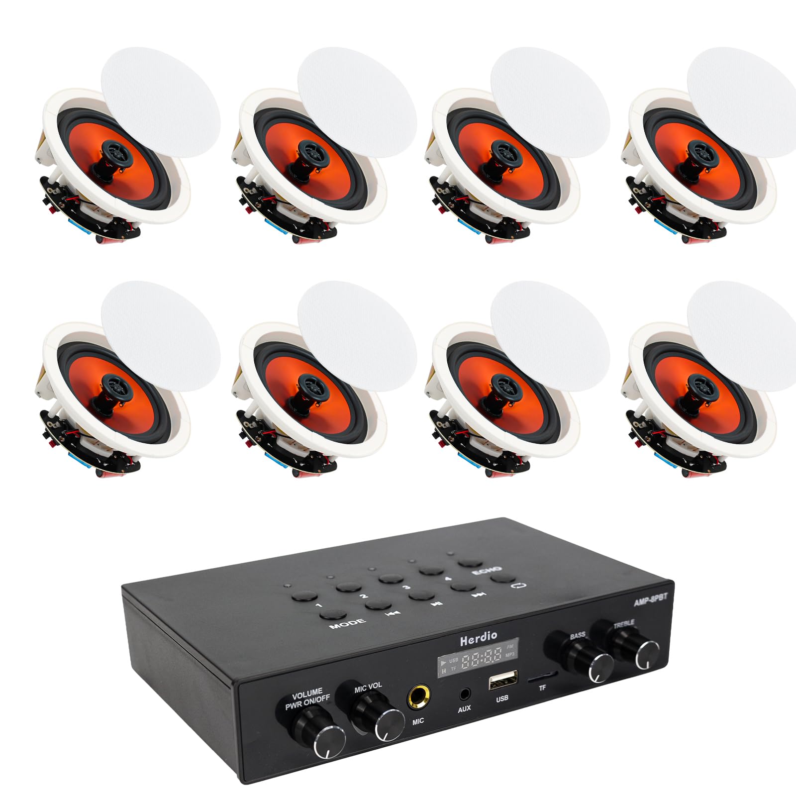 Herdio 6.5-inch ceiling speaker 8-pack with 8-channel 4-zone amplifier