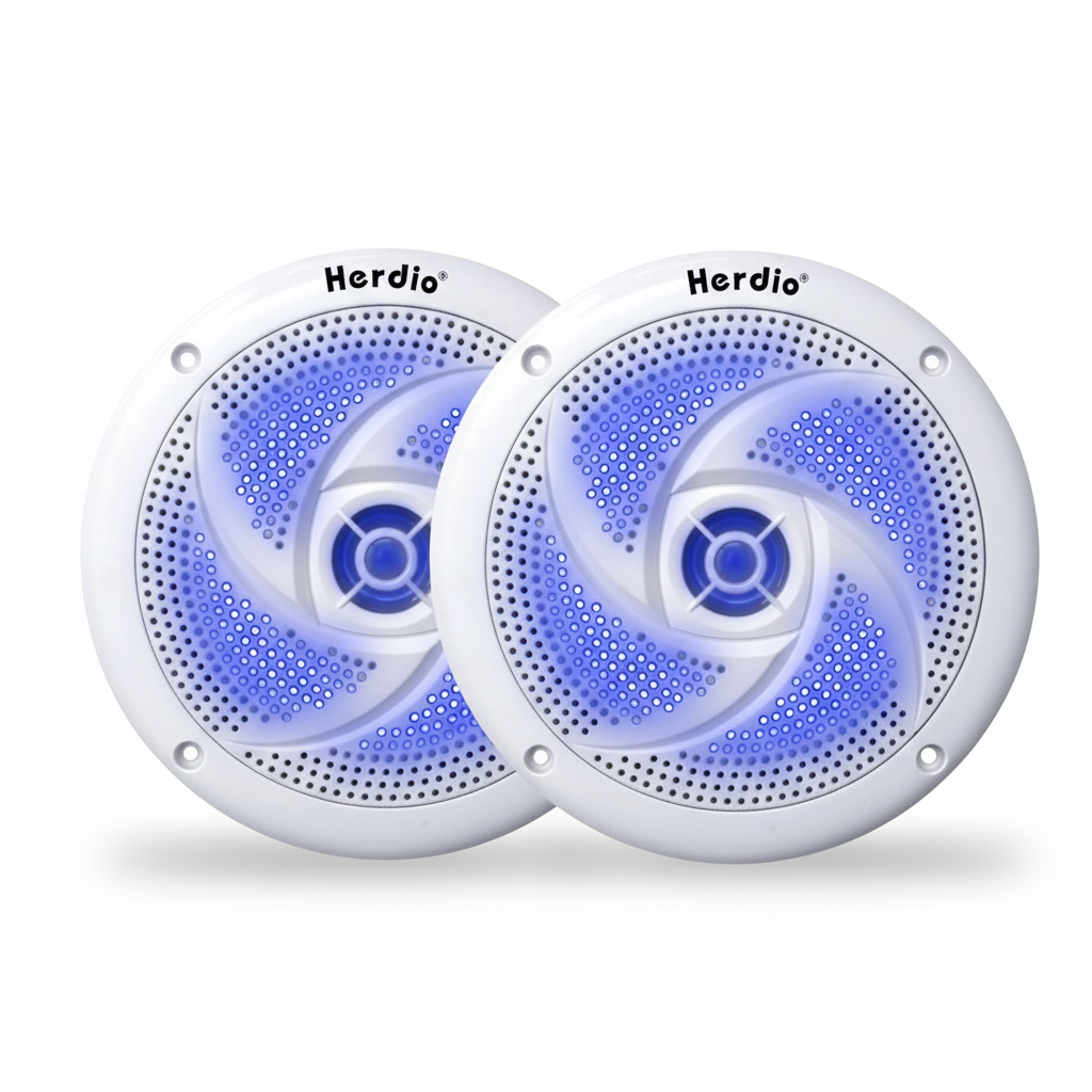 Herdio 4 inch waterproof marine speakers with LED lights - white finish front view