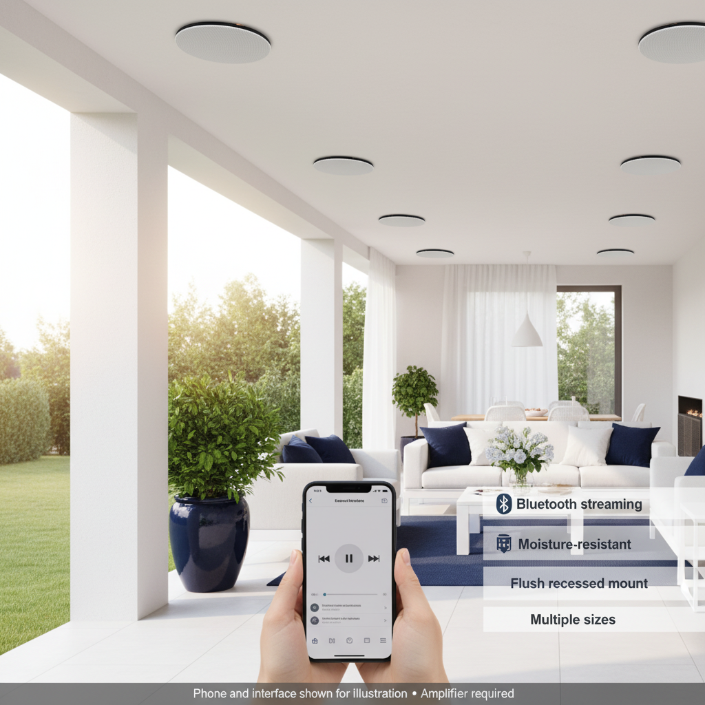 Herdio concealed in-ceiling speaker flush mounted in a covered patio with Bluetooth streaming