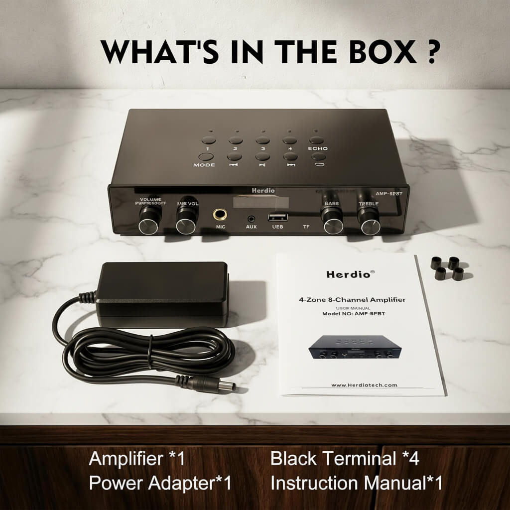 Herdio 8-Channel Bluetooth Amplifier 60W | Multi-Room Audio System with Karaoke Function