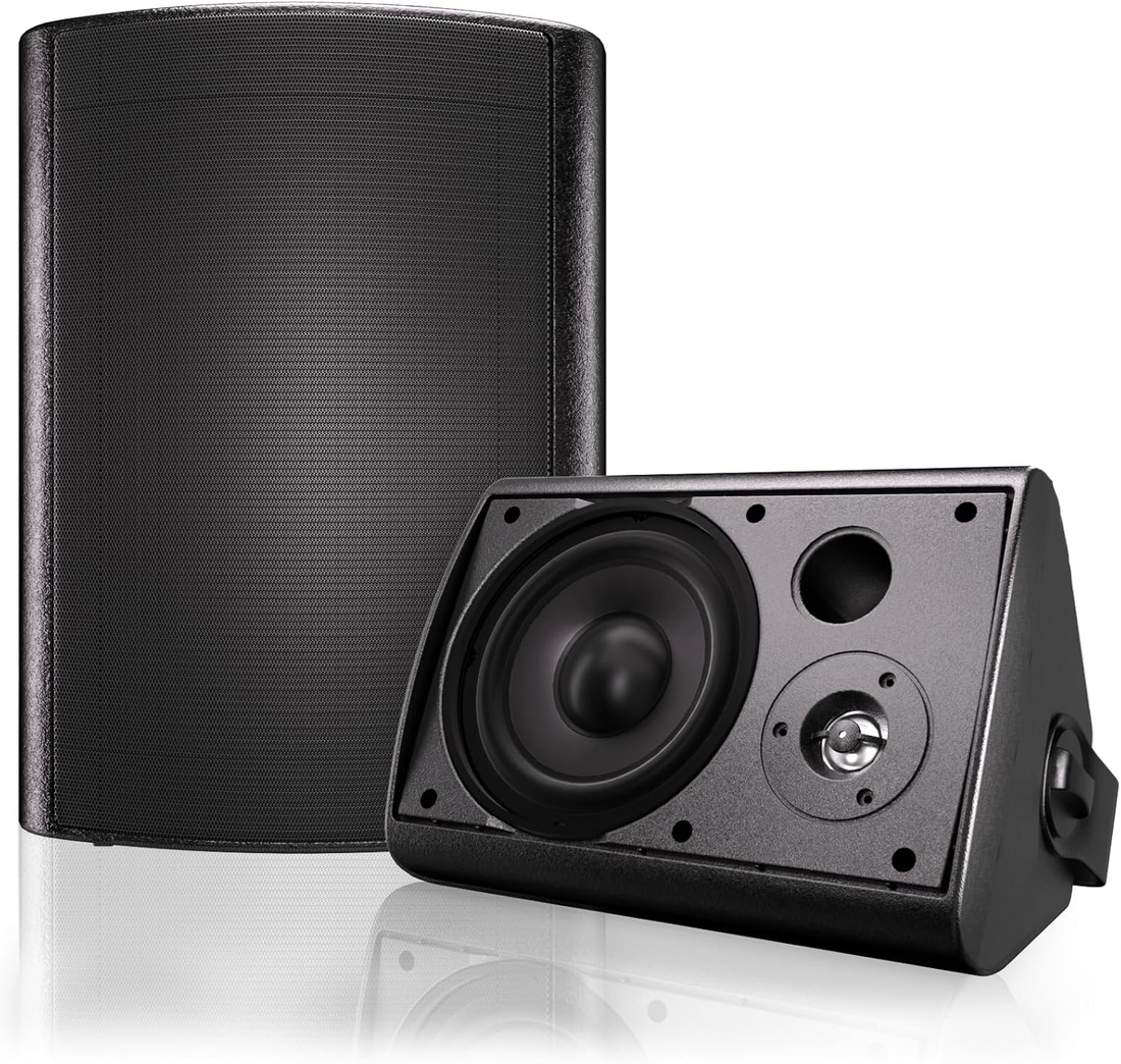 Herdio 6.5-inch black Bluetooth outdoor speaker pair with one grille removed
