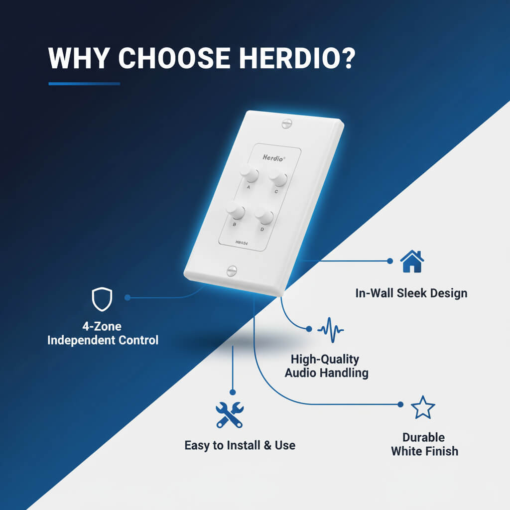 Herdio 4-Channel In-Wall Speaker Selector Switch 120W | Multi-Room Audio Controller
