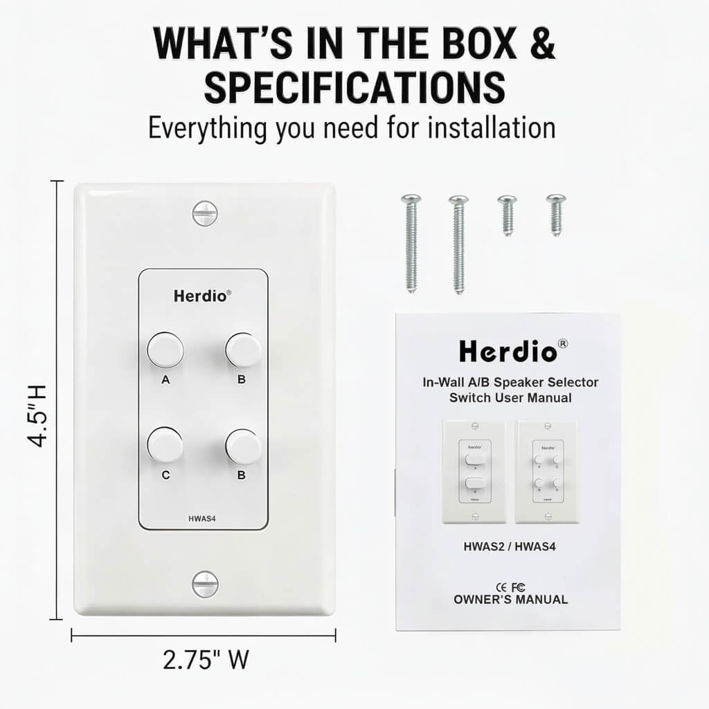 Herdio 4-Channel In-Wall Speaker Selector Switch 120W | Multi-Room Audio Controller