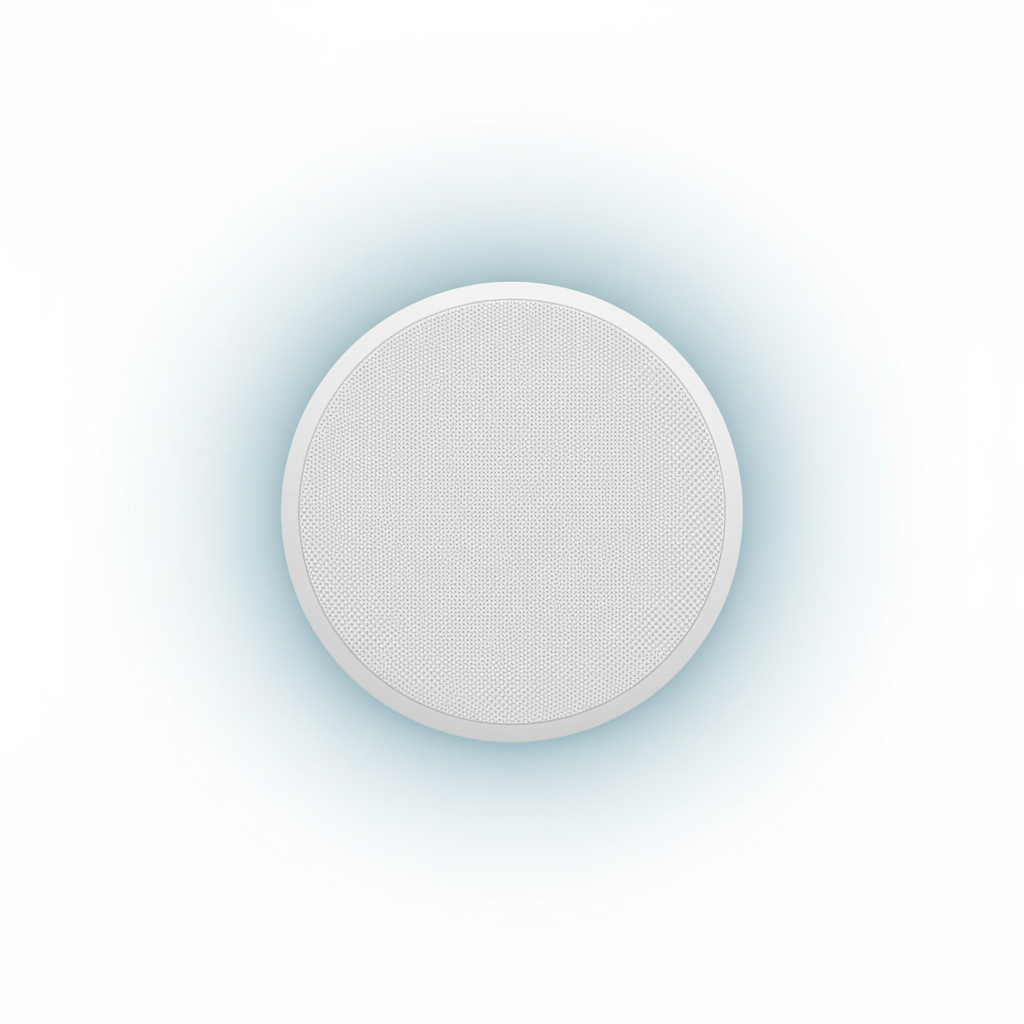 Premium 3D-rendered Herdio flush-mount in-ceiling speaker with a white perforated grille on a clean white background