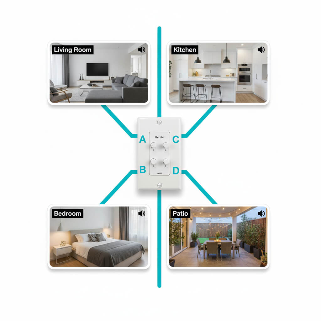 Herdio 4-Channel In-Wall Speaker Selector Switch 120W | Multi-Room Audio Controller