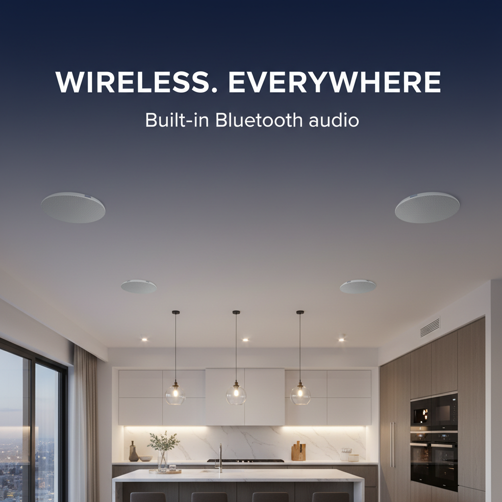 Herdio white perforated ceiling speaker grilles installed fully flush in a modern kitchen ceiling for wireless Bluetooth audio