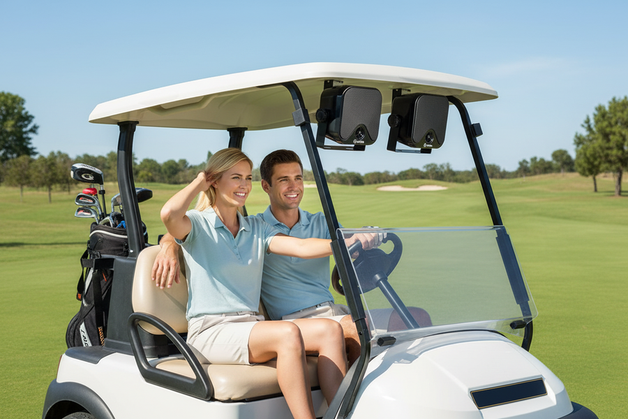 Marine speakers installed on golf cart versatile outdoor vehicle audio application