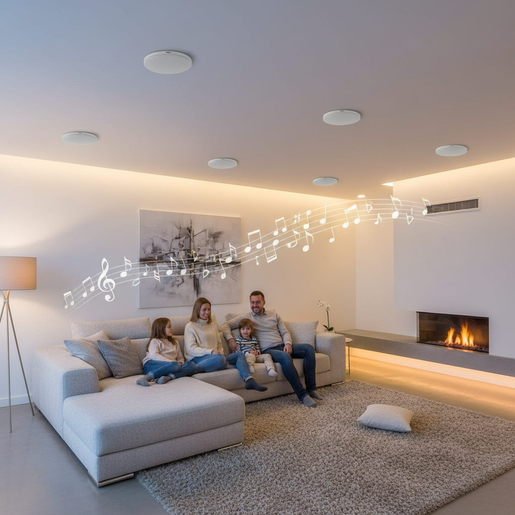 Living room surround sound setup with Herdio Bluetooth ceiling speakers creating immersive audio experience