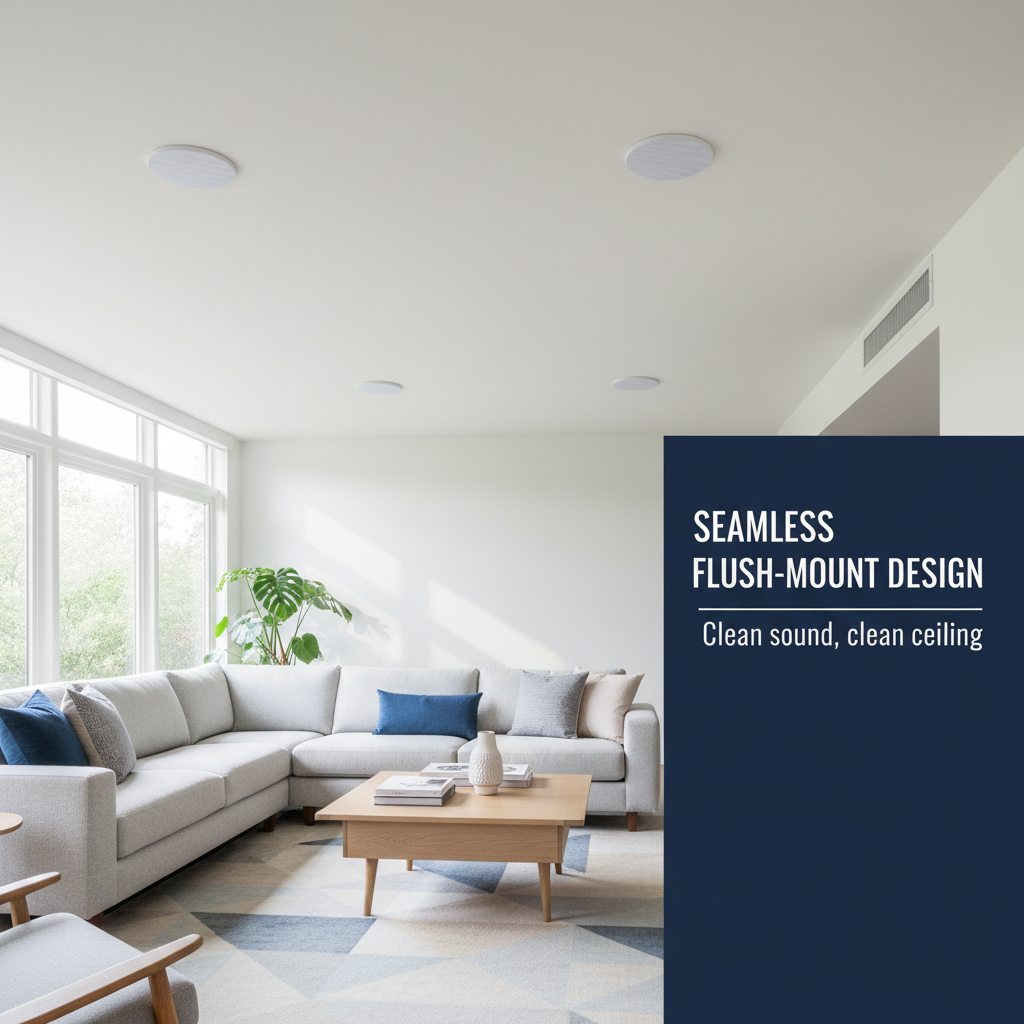 Herdio in-ceiling speakers installed flush with a living room ceiling
