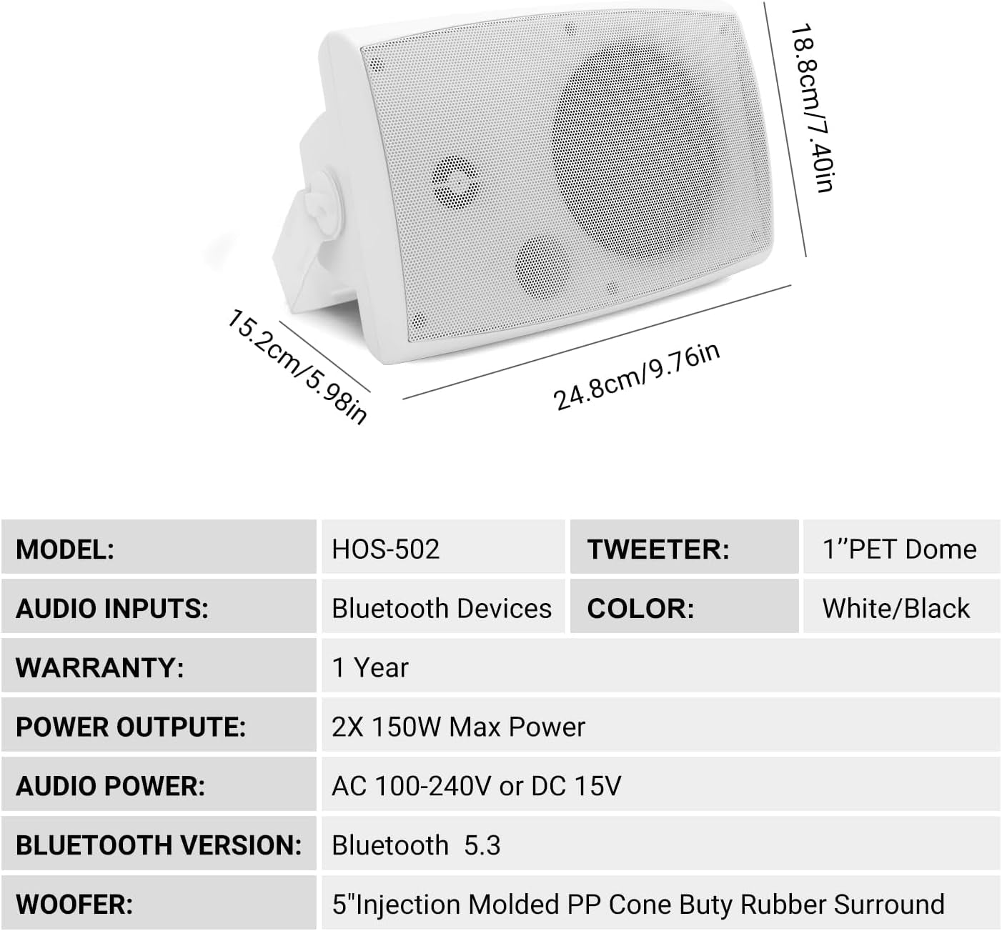 Herdio 5.25" Indoor Outdoor Bluetooth Speakers IP66 Waterproof with Powerful Bass, 2-Way Wall Mount 300W