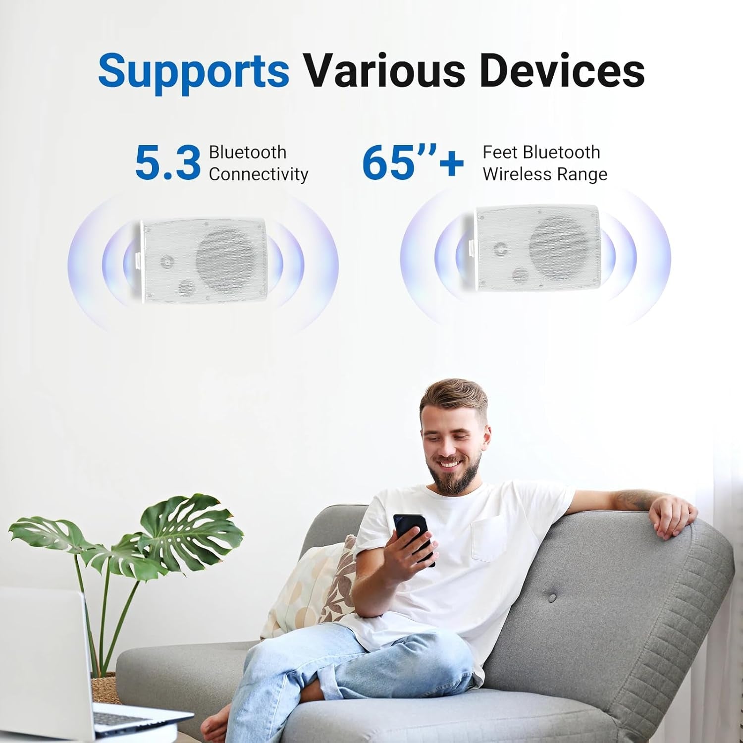 Herdio 5.25" Indoor Outdoor Bluetooth Speakers IP66 Waterproof with Powerful Bass, 2-Way Wall Mount 300W