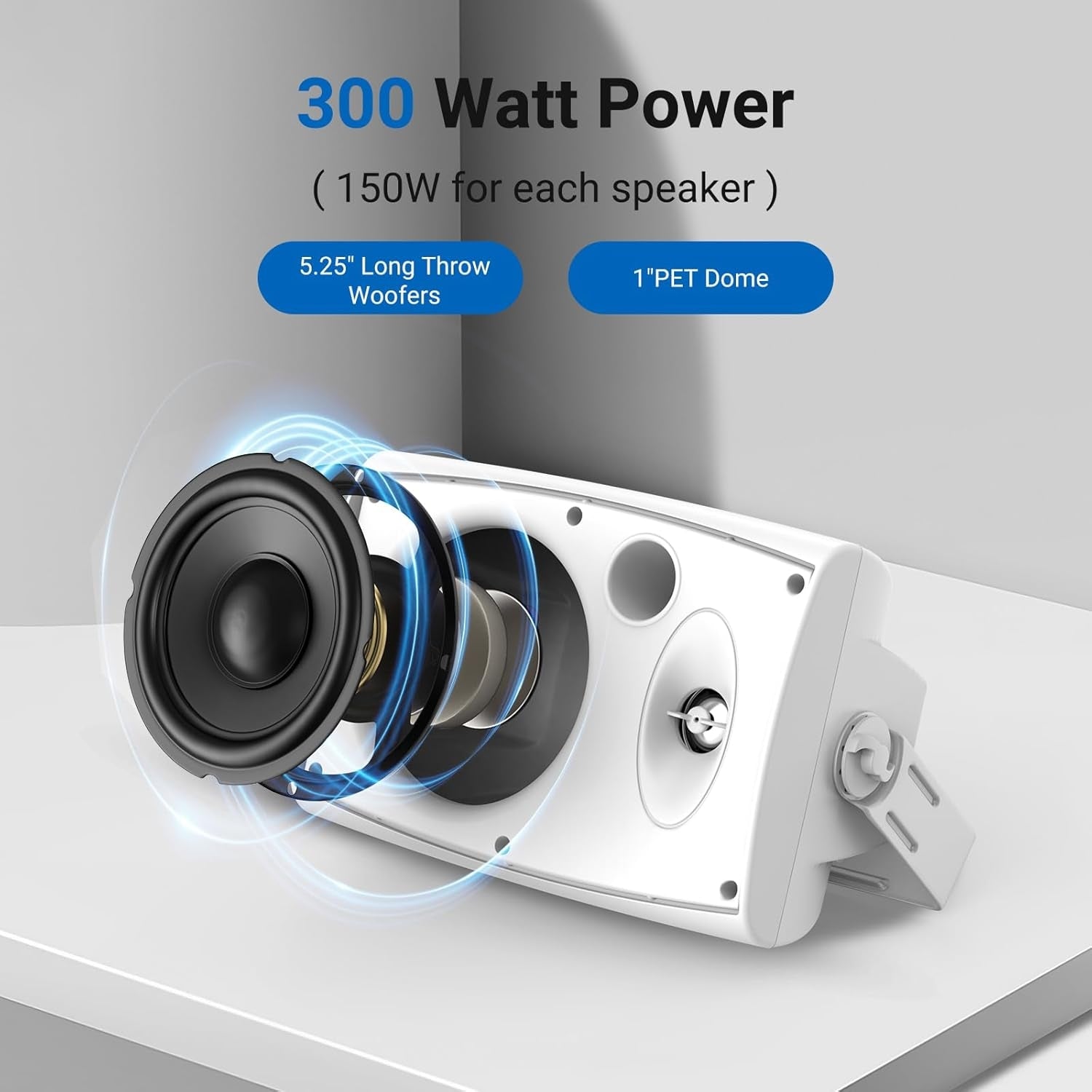 Herdio 5.25" Indoor Outdoor Bluetooth Speakers IP66 Waterproof with Powerful Bass, 2-Way Wall Mount 300W