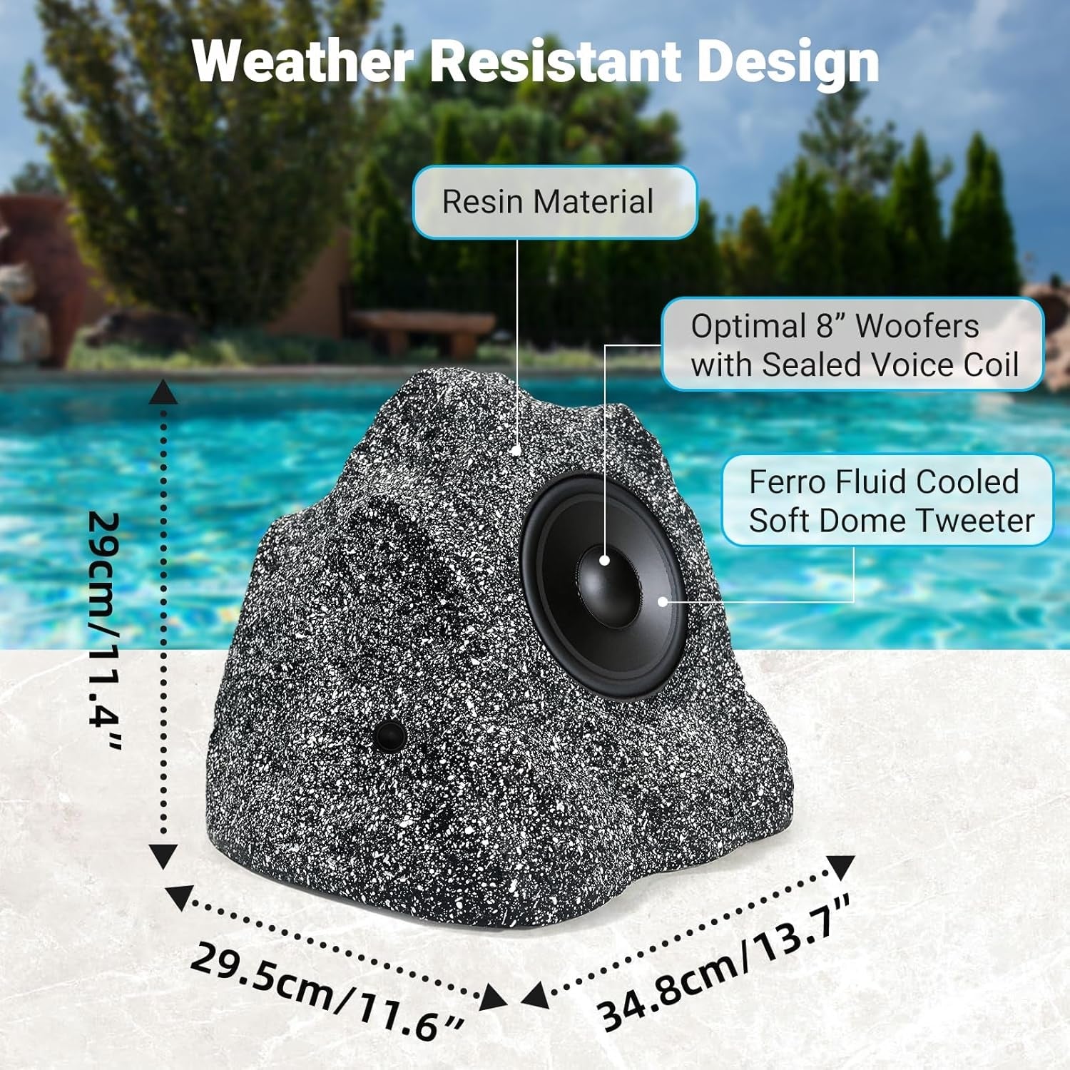 Herdio 8" Outdoor Rock Bluetooth Speakers IPX7 Waterproof Wired Max Power 1200 Watt All Weather for Deck Pool Backyard Patio Garden (2 Pair)