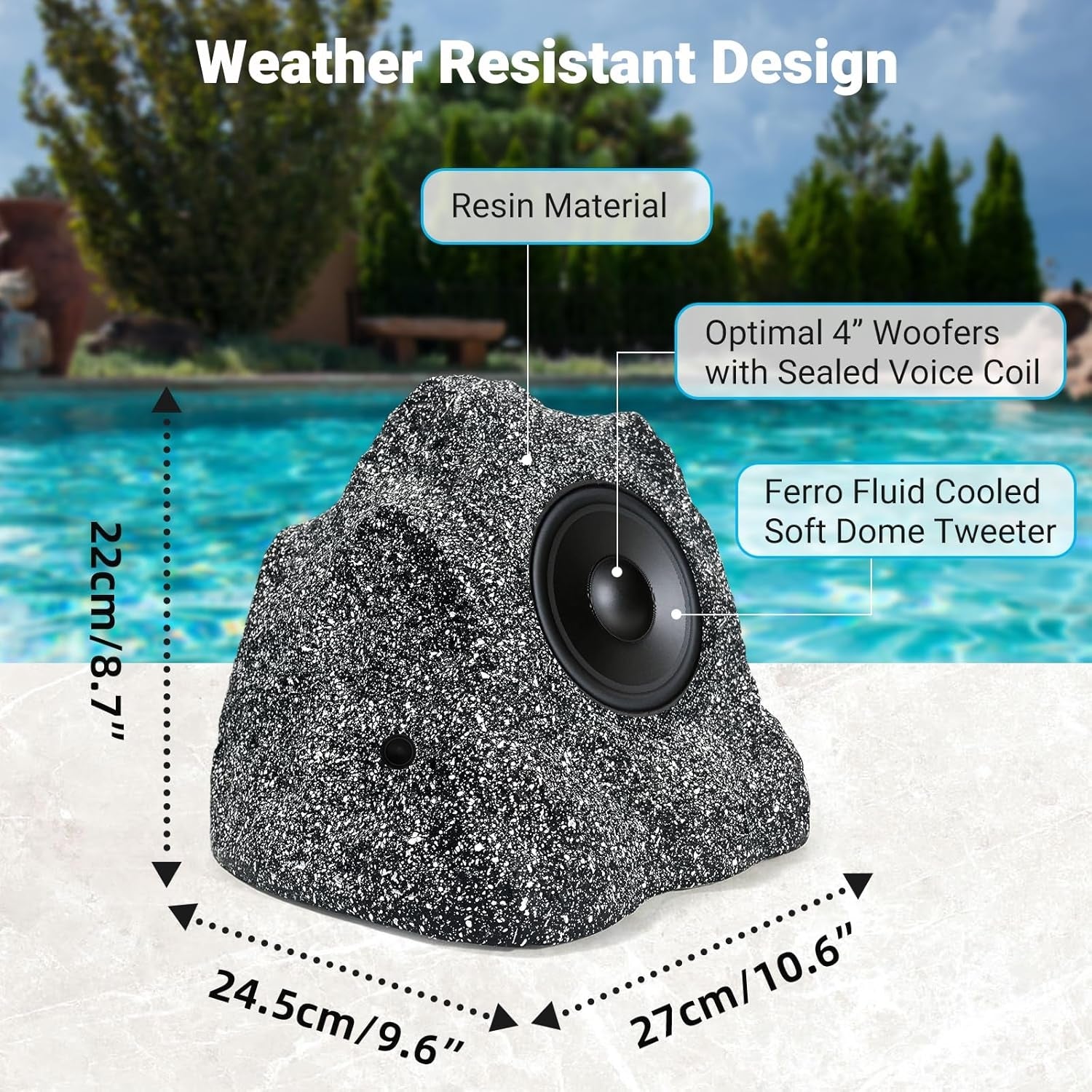 Herdio 4" Outdoor Rock Bluetooth Speakers IPX7 Waterproof Wired Max Power 400 Watt All Weather for Deck Pool Backyard Patio Garden (2 Pair)