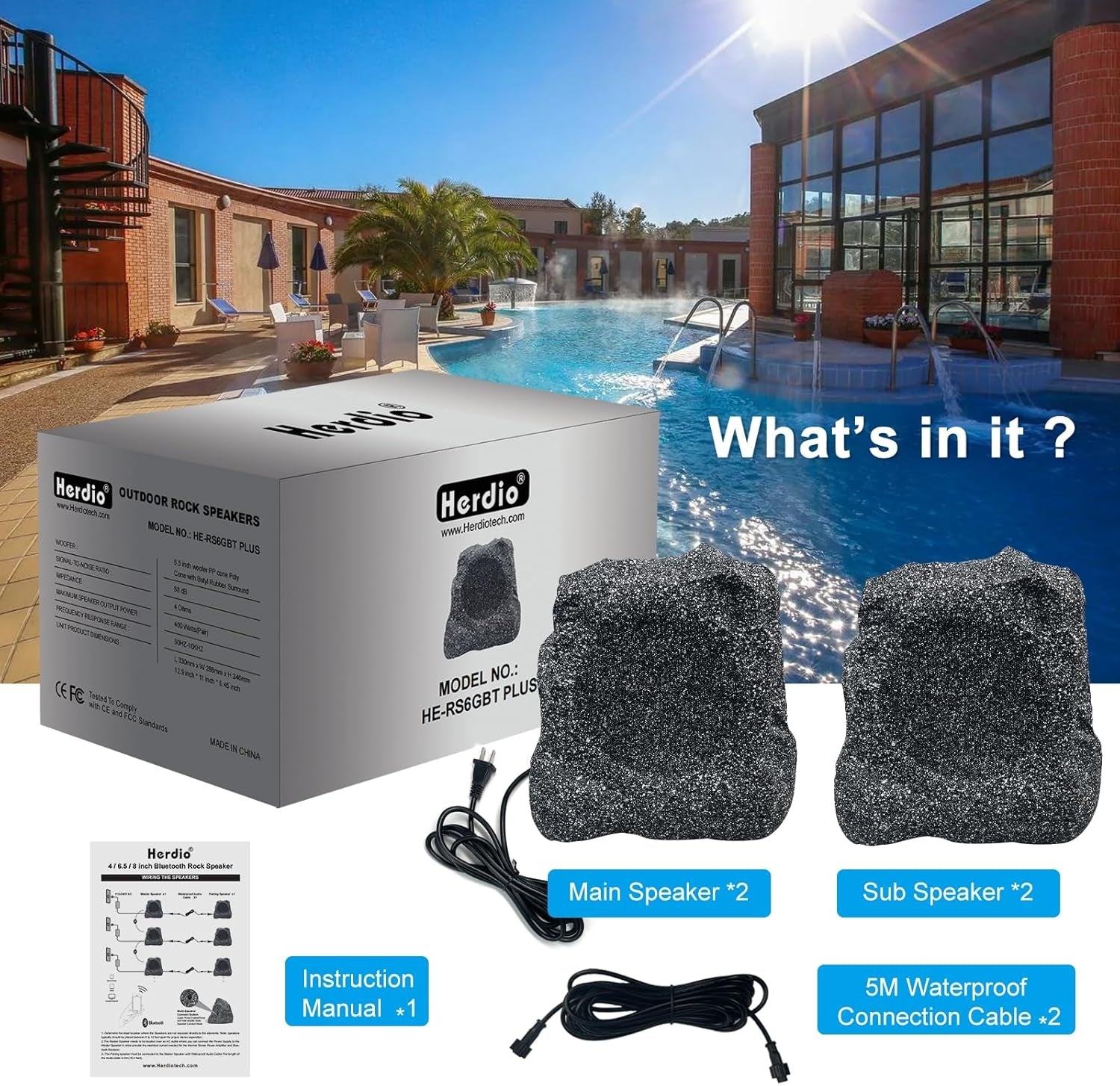 Herdio 6.5" Outdoor Rock Bluetooth Speakers IPX7 Waterproof Wired Max Power 800 Watt All Weather for Deck Pool Backyard Patio Garden (2 Pair)