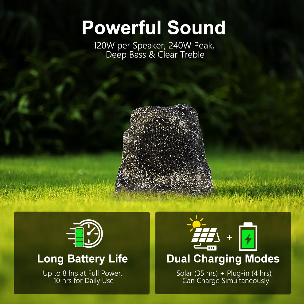 Herdio 8" Solar-Powered Bluetooth Rock Speaker 240W with Rechargeable Battery