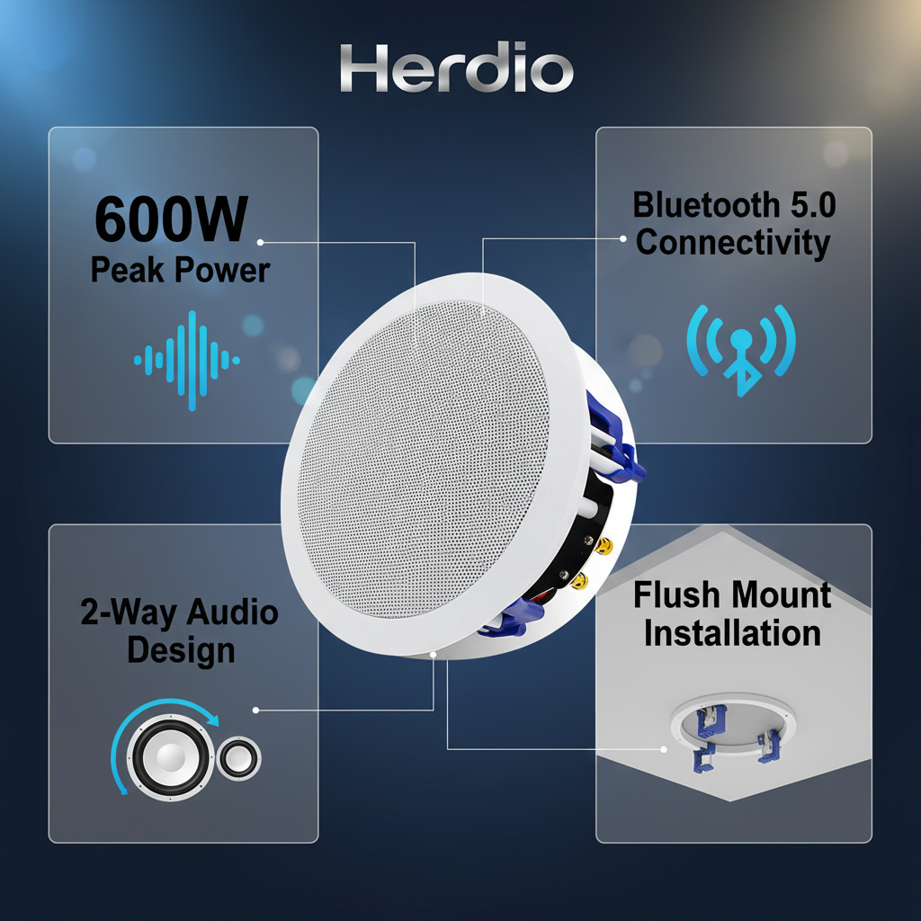 Key features of Herdio 600W 2-way ceiling speakers - Bluetooth wireless and flush mount design