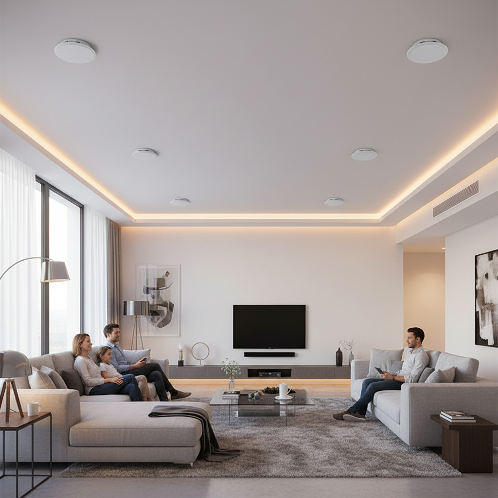 Herdio Bluetooth ceiling speakers creating immersive sound in modern living room home theater