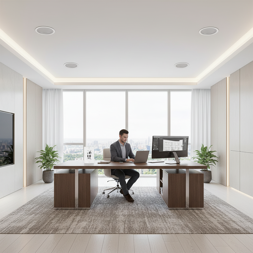 Herdio ceiling speakers installed in modern office space with wireless Bluetooth connectivity