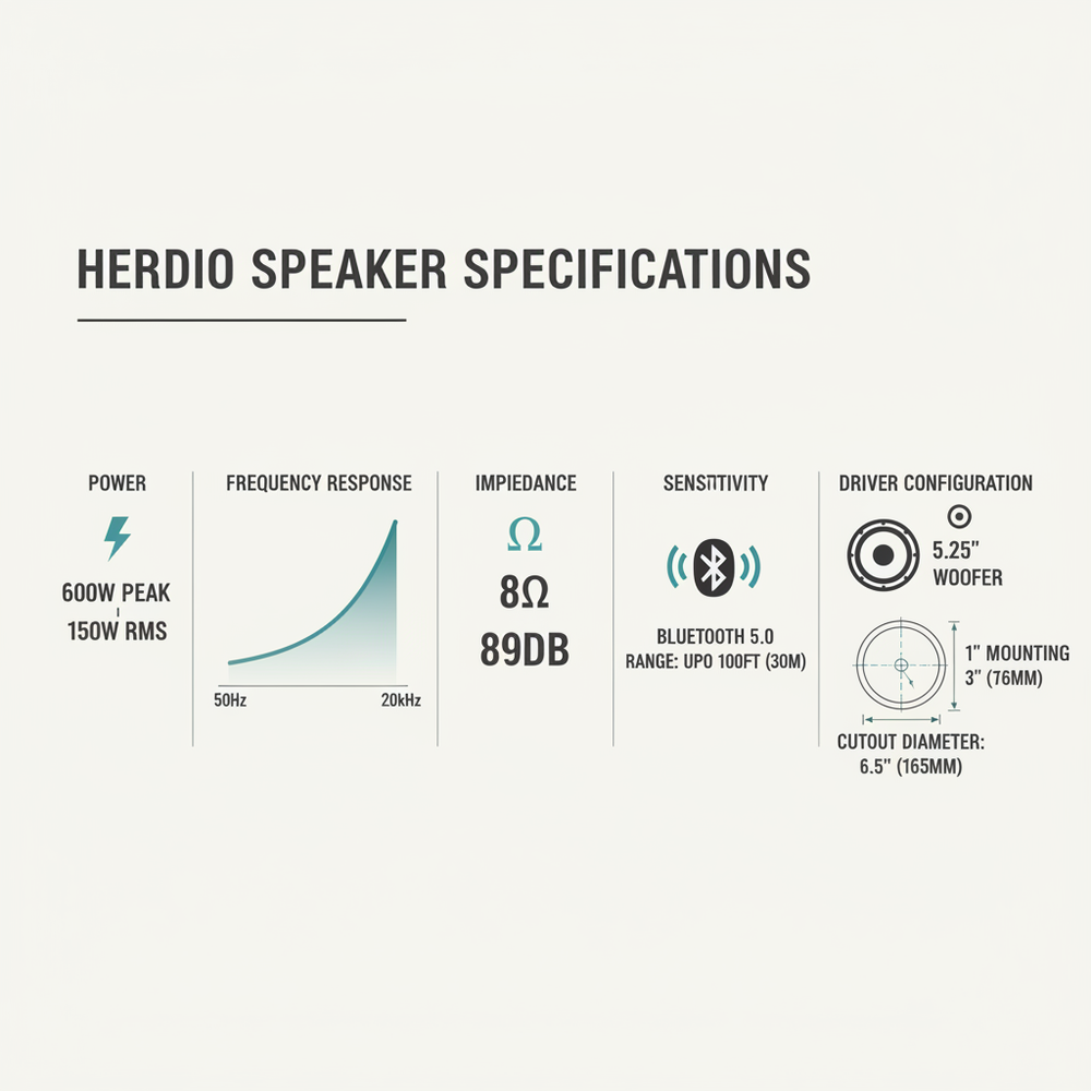 Technical specifications and dimensions of Herdio 5.25 inch 600W ceiling speaker system
