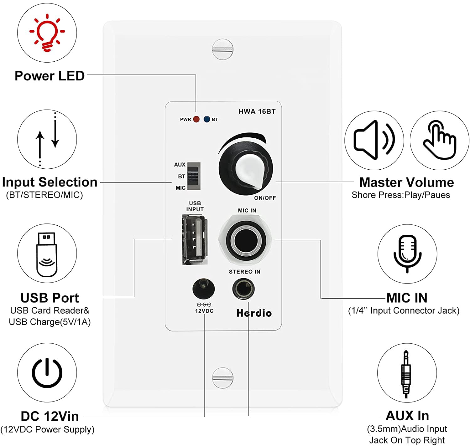 Herdio 6.5" Ceiling Bluetooth Speakers 300 Watts 2-Way Surround Sound Experience