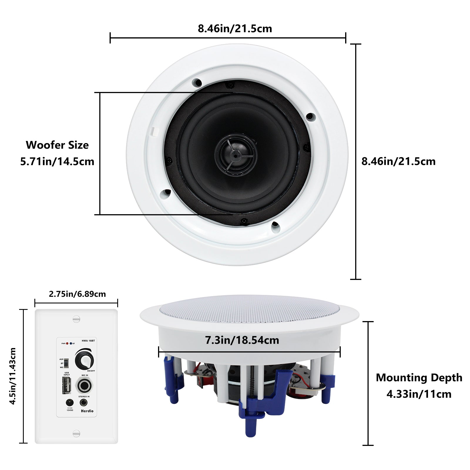 Herdio 5.25" In-Ceiling Bluetooth Speakers 300 Watts 2-Way for Home Audio
