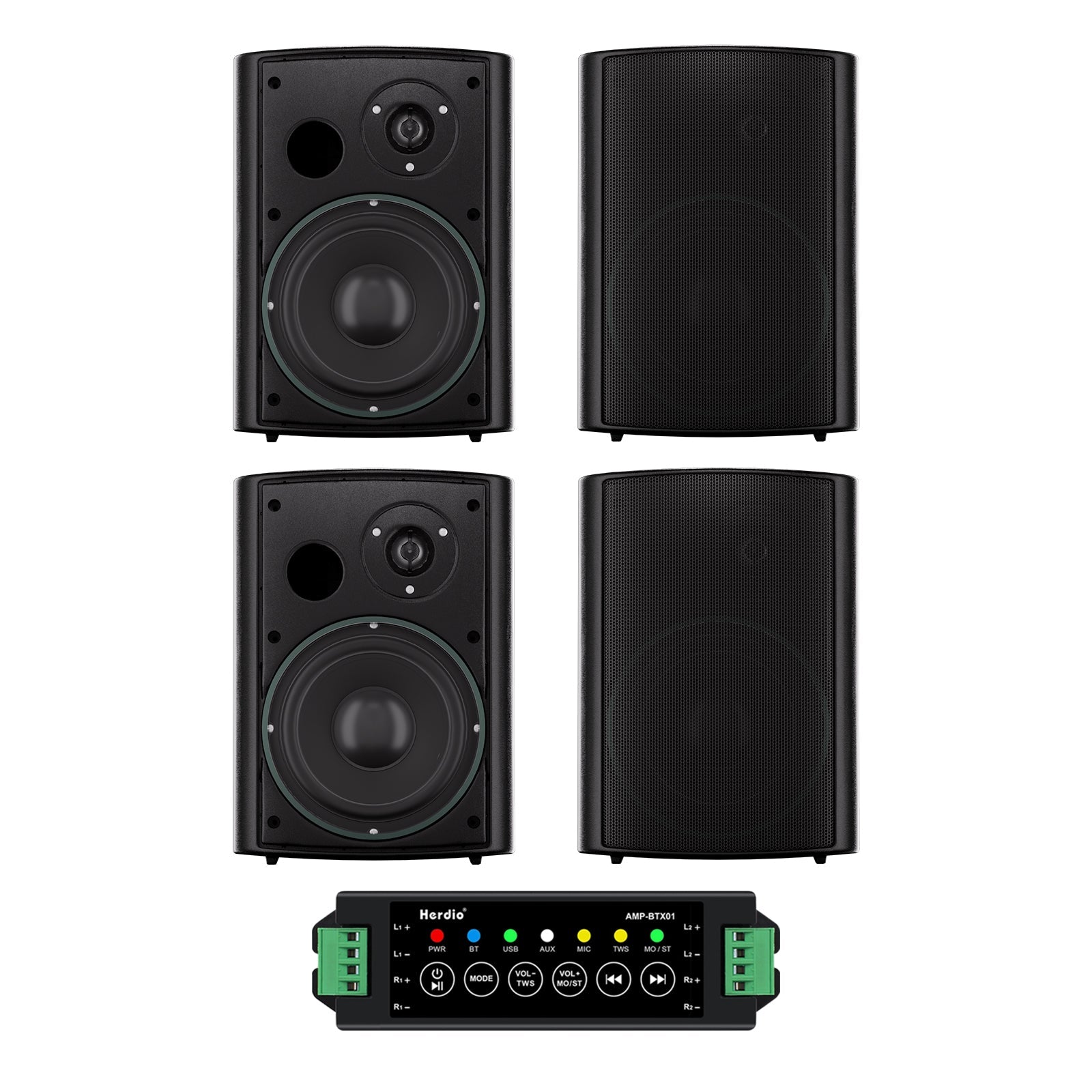 Herdio four-speaker outdoor audio system for patio and backyard coverage