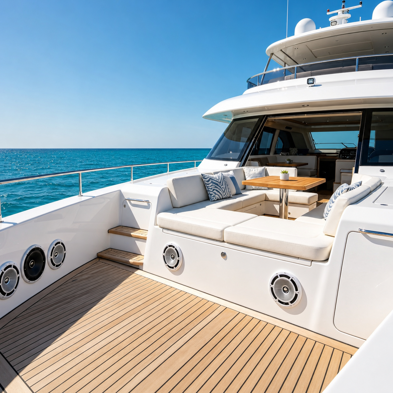 Marine speaker system installed on a boat deck