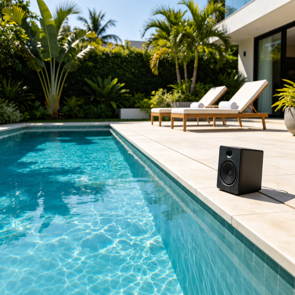Outdoor speaker beside a patio and swimming pool