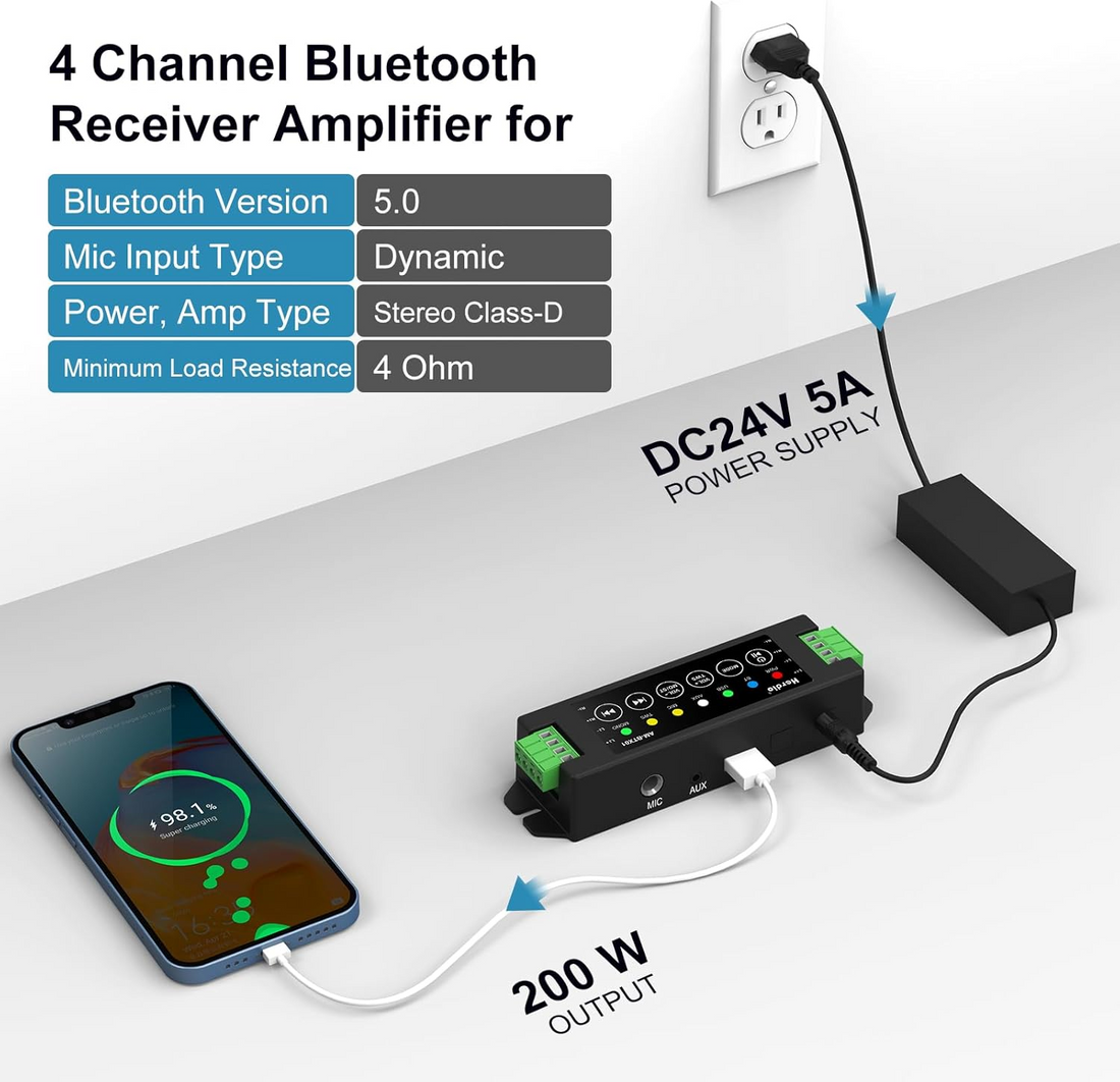 Rear speaker connections on Herdio 200W four-channel amplifier