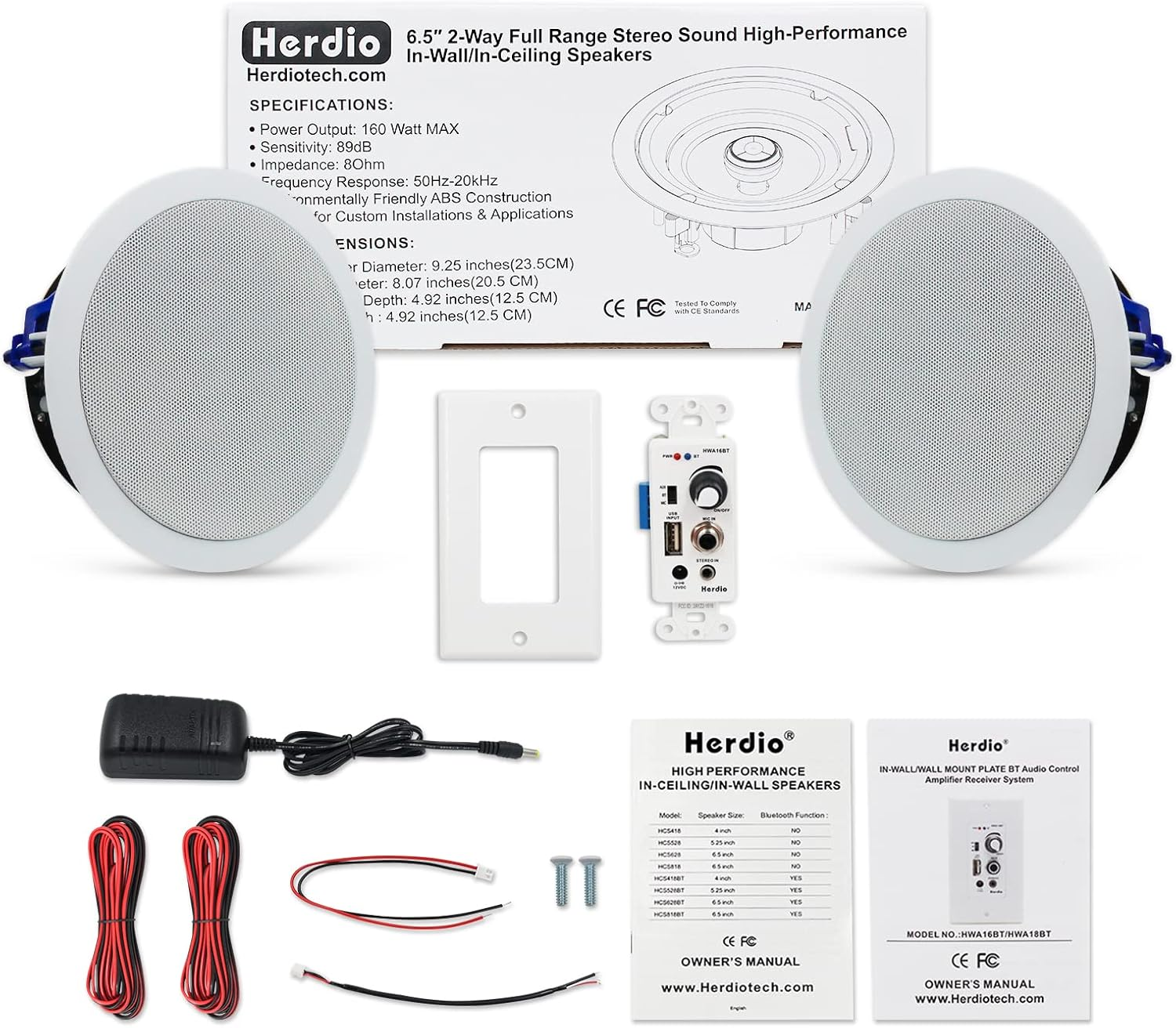 Herdio 6.5" Bluetooth Ceiling Speakers – 320W 2-Way Flush Mount with In-Wall Amplifier, Home Theater & Office (Pair, White)