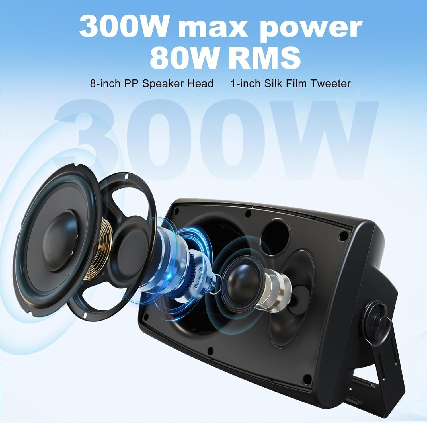 Herdio 8 inch 600W Outdoor Bluetooth Speakers Waterproof Wired with Powerful Bass, TWS Pairing Wall Mount Durable Loud Sound System Suitable for Patio Garden Porch Backyard Home Theater (1 Pair Black)